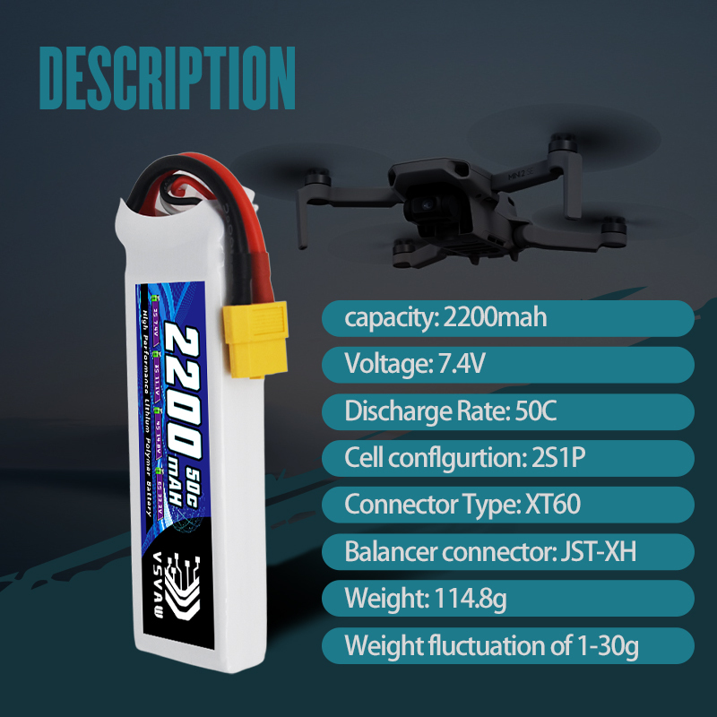 VSVAW 7.4V 2200mah 2S Drone Li - огляд і ціна Drone Racing Battery